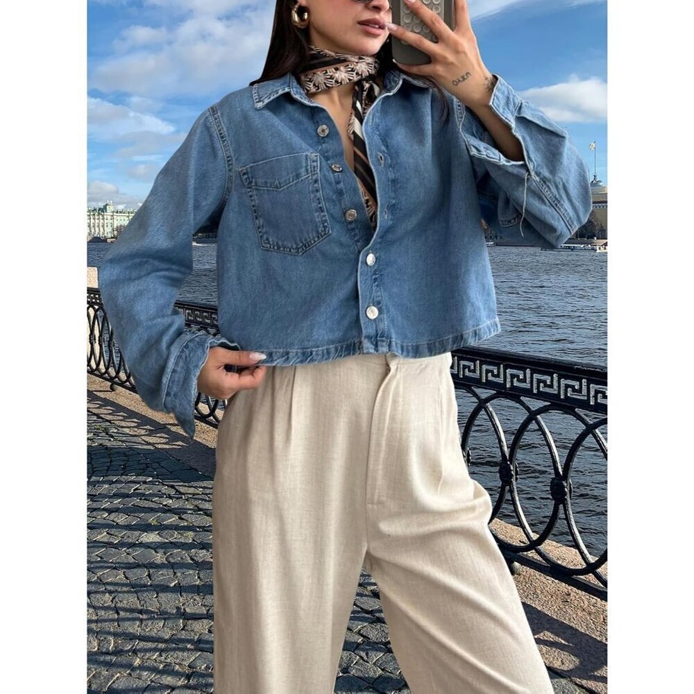 Women's Crop Jean Denim Jackets Button Down Long Sleeve Jacket Coat Blue-b - Picture 5 of 7